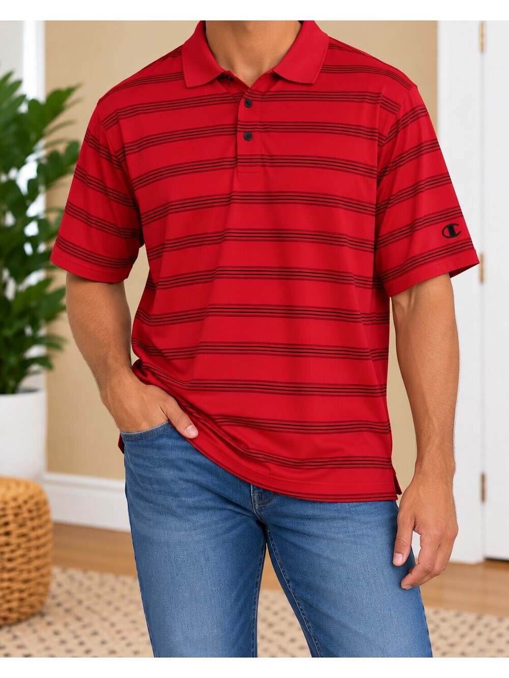 Champion Men’s XXL Red Black Stripe Performance Polo Shirt